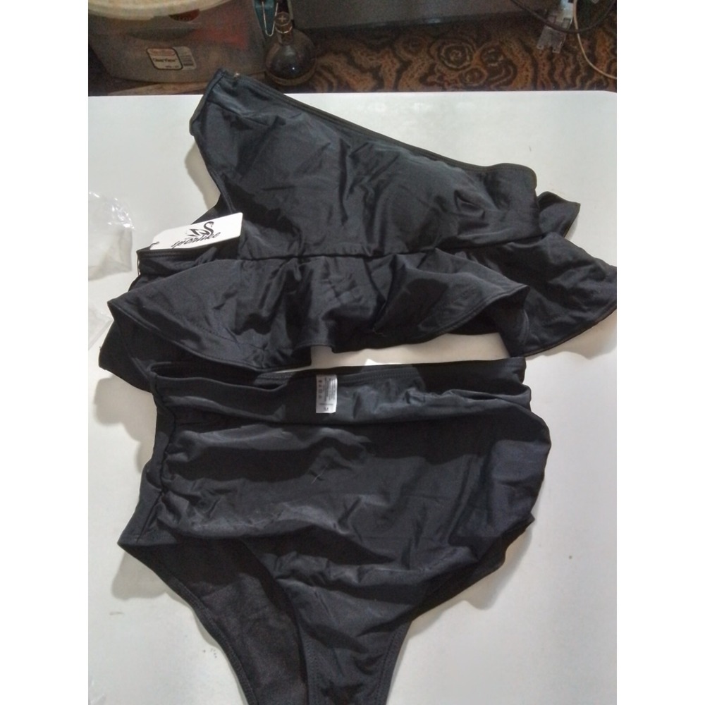 Sporlike Womens Black One Shoulder Ruffle Bikini‎ Set High Waisted Swimsuit M